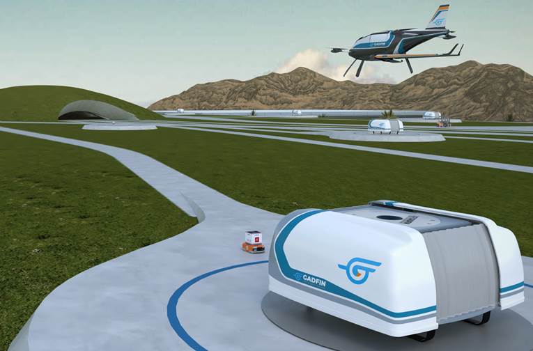 Gadfin drone network with multiple ground stations and Spirit-One in flight over landscape